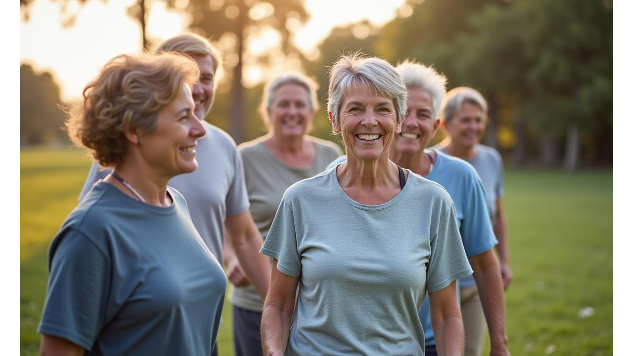 Diverse group of adults in their 40s and 50s smiling and engaging in a wellness activity, symbolizing community and expert guidance from Veridian Bloom.