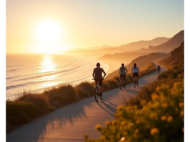 Panoramic view of the San Diego coastline with healthy active people on the beach, conveying a vibrant and wellness-oriented environment, bathed in golden hour light.