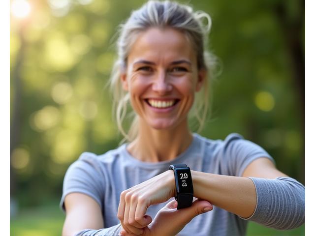 Woman showing off a fitness tracker with a high step count, smiling.