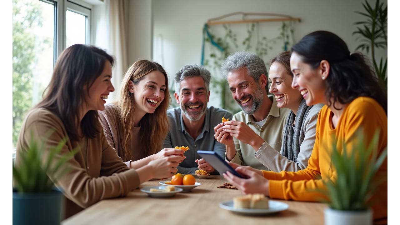 Diverse group of adults laughing and interacting in a bright, modern community space, symbolizing connection and support.