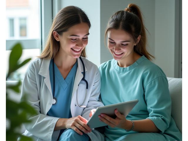 A healthcare professional and patient discussing wellness on a tablet, illustrating healthcare collaboration.