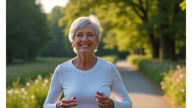 Still from a low-impact cardio video showing someone walking briskly on a path