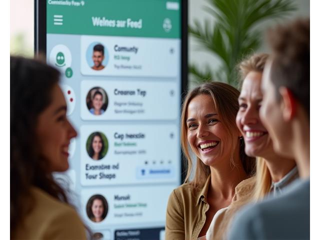 Diverse group of adults interacting positively within a clean, modern digital community platform