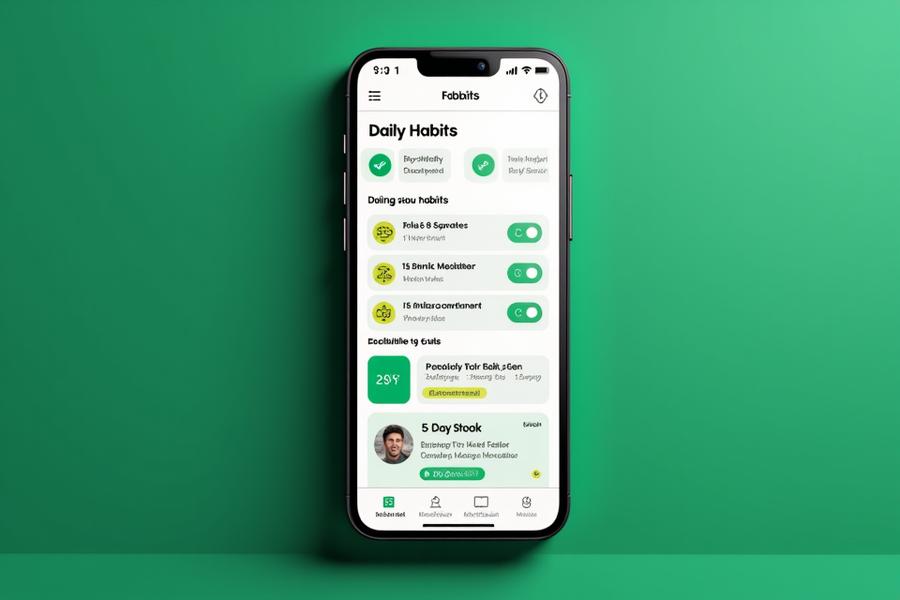A clean, modern mobile app interface demonstrating Veridian Bloom's habit tracker. It shows a user's daily habits (e.g., 'Drink 8 Glasses Water', '15 Min Meditation'), green checkmarks for completed tasks, visual streaks, and a progress chart, illuminated with subtle primary and accent colors.
