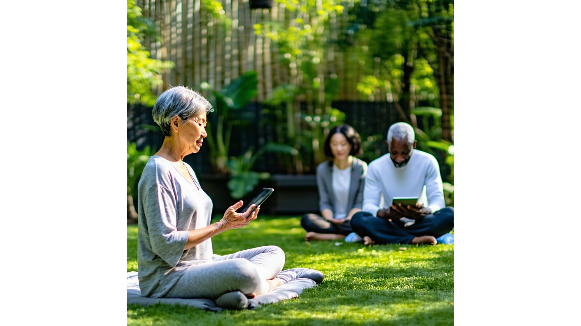 A diverse group of adults aged 35-60 smiling, engaging with verdant technology interfaces and natural elements – a woman meditating in a leafy garden, a man tracking fitness on a tablet, a couple reviewing nutrition on a smart display, all bathed in warm, soft sunlight.