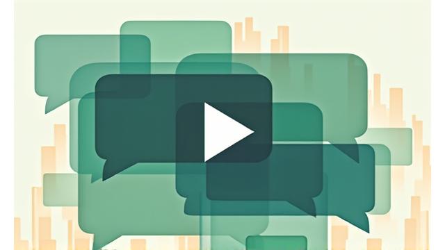 Abstract illustration of a video playback icon with multiple conversation bubbles, representing an archive of Q&A sessions