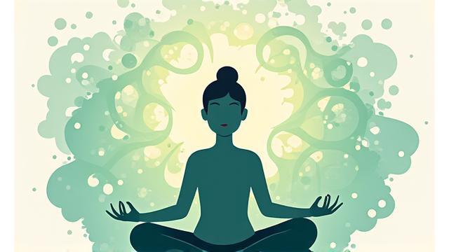 Illustration of a person practicing deep breathing amidst swirling lines, symbolizing stress relief