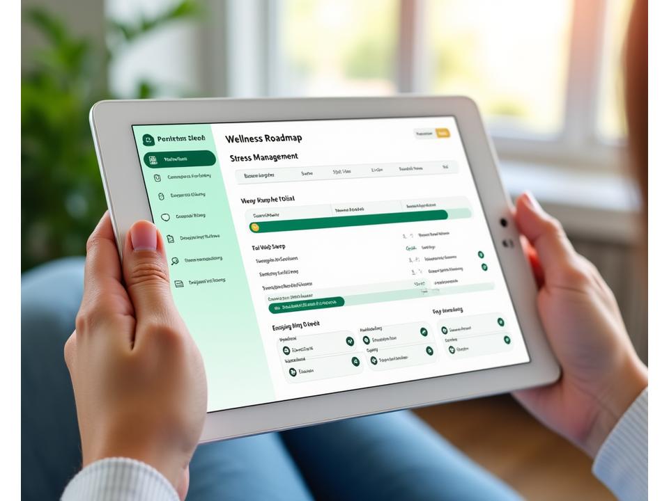 An interactive user interface on a tablet showing a personalized wellness roadmap with progress bars, goal settings for 'Better Sleep' and 'Stress Management', and integrated daily tasks. The interface is clean, modern, and easy to navigate, with green and blue accents.
