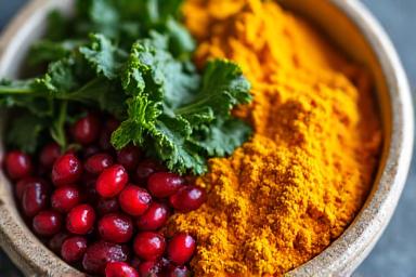 A colorful bowl featuring turmeric, ginger, leafy greens, and omega-3 rich fish, emphasizing anti-inflammatory dietary choices.