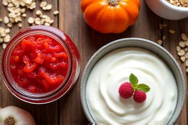 A glass jar of homemade kimchi and a bowl of vibrant Greek yogurt with berries, signifying healthy gut bacteria and fermented foods.