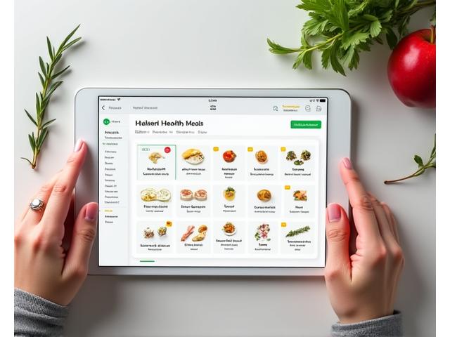 A digital interface displaying a customizable meal calendar on a tablet, with various healthy meal icons, hands interacting with the screen, suggesting ease of use.