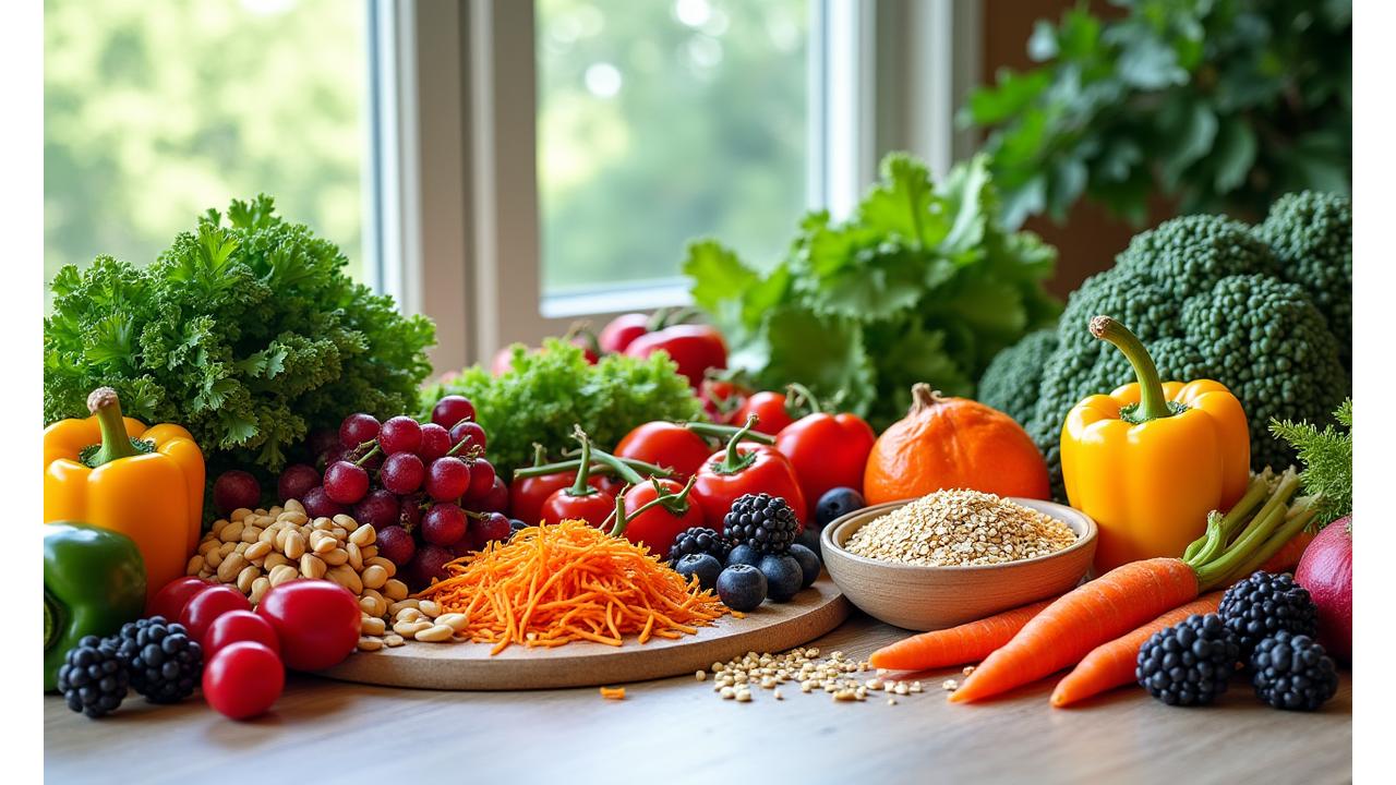 A vibrant assortment of functional foods like berries, leafy greens, nuts, seeds, and colorful vegetables arranged artistically on a light wooden table, suggesting health and vitality.