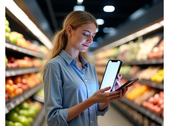 A person efficiently navigating a well-stocked grocery store aisle with a smartphone displaying a digital shopping list, emphasizing ease and organization.