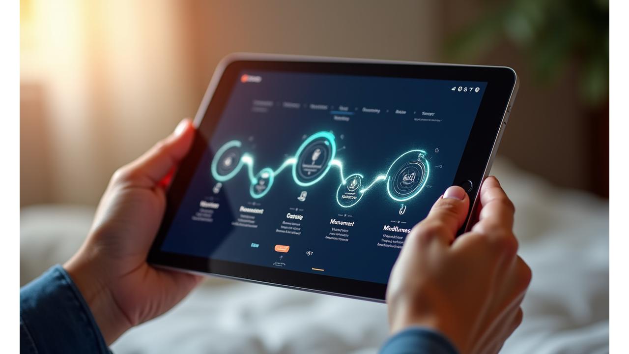 An interactive digital roadmap showing a personalized wellness journey with interconnected nodes for sleep, nutrition, and movement, glowing with progress and a path forward, displayed on a clean interface.