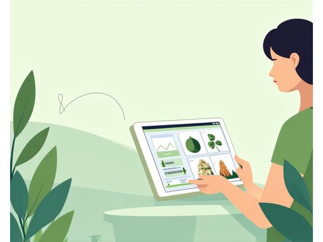 Illustration of a person interacting with a personalized digital wellbeing journey, showing charts, content modules, and a serene, supportive interface, with subtle growth elements.