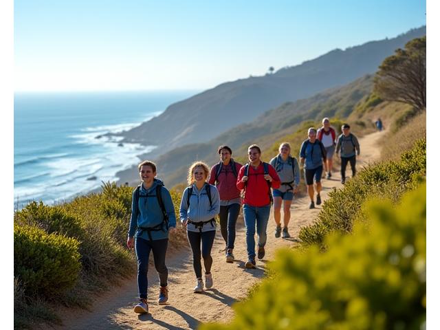 Group of people hiking on a sunny trail overlooking the San Diego coastline.