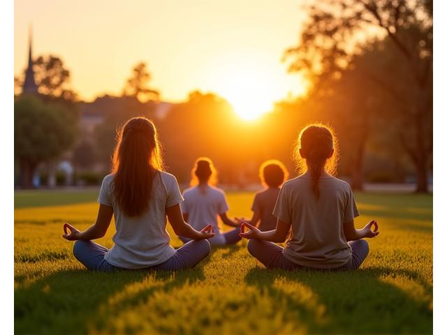 Small group of people meditating peacefully outdoors during sunset in a park.