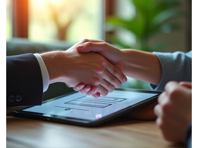 Hands shaking over a tablet displaying 'Terms of Service' with soft, natural light, symbolizing agreement and trust.
